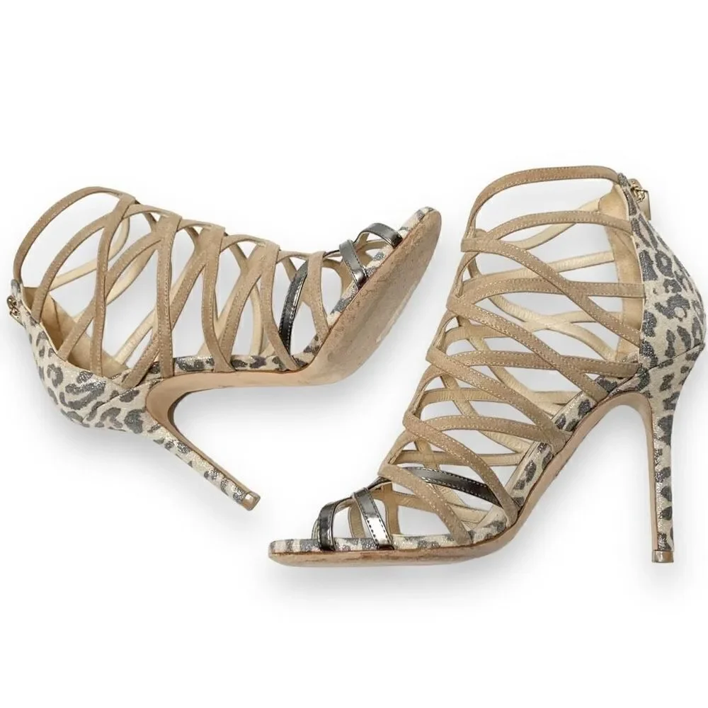 Jimmy Choo Fiesta Leopard-Print Caged Sandal, Nude Metallic Shimmer Women’s - 36